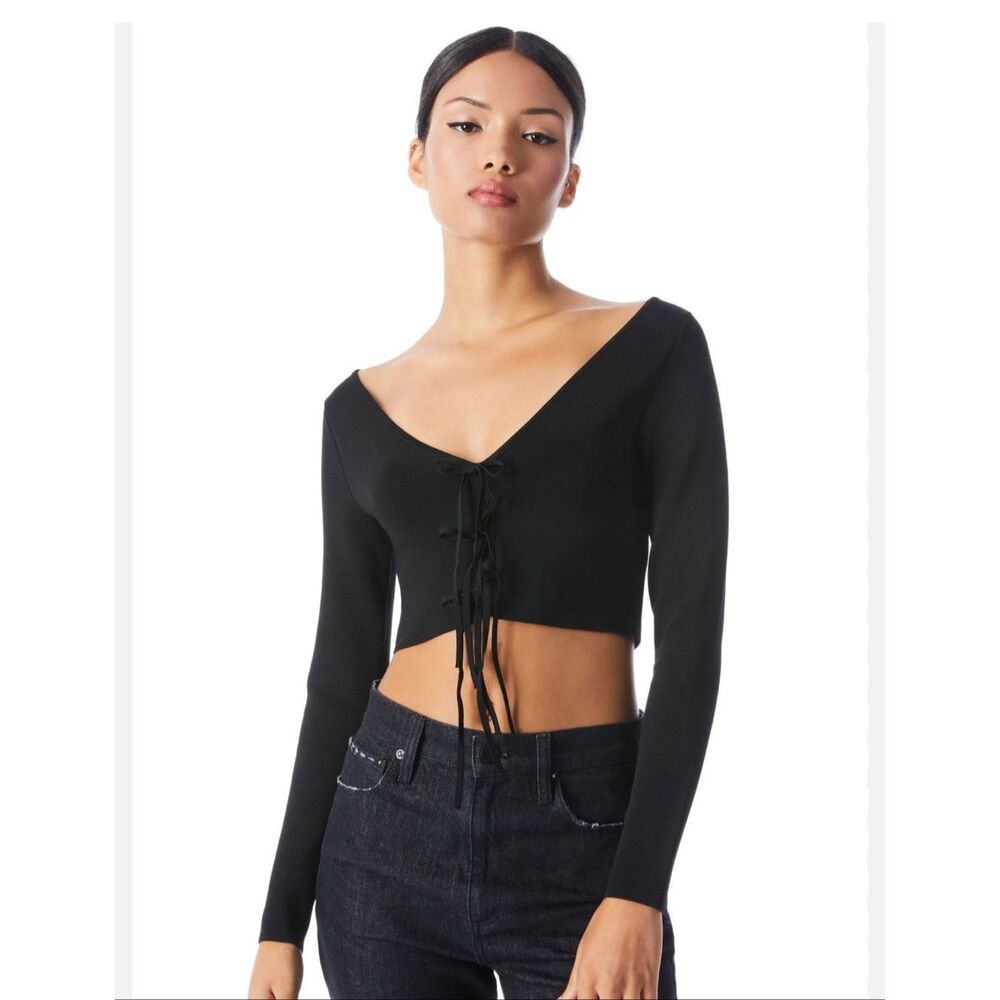 Alice + Olivia Sharee Cropped Pullover Black Tie Front NWT S